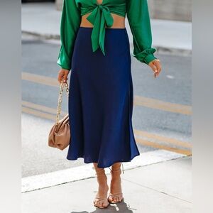 OLIA Elegant Navy Blue Women's Stain Midi Skirt